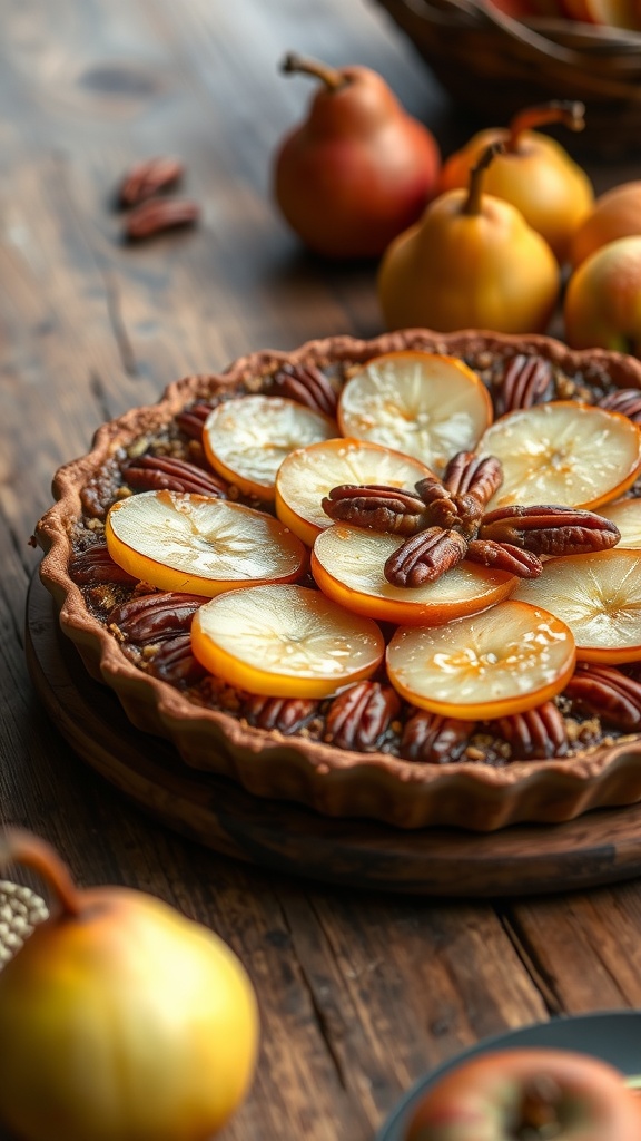 Caramelized Pear and Pecan Pie with pecans arranged on top