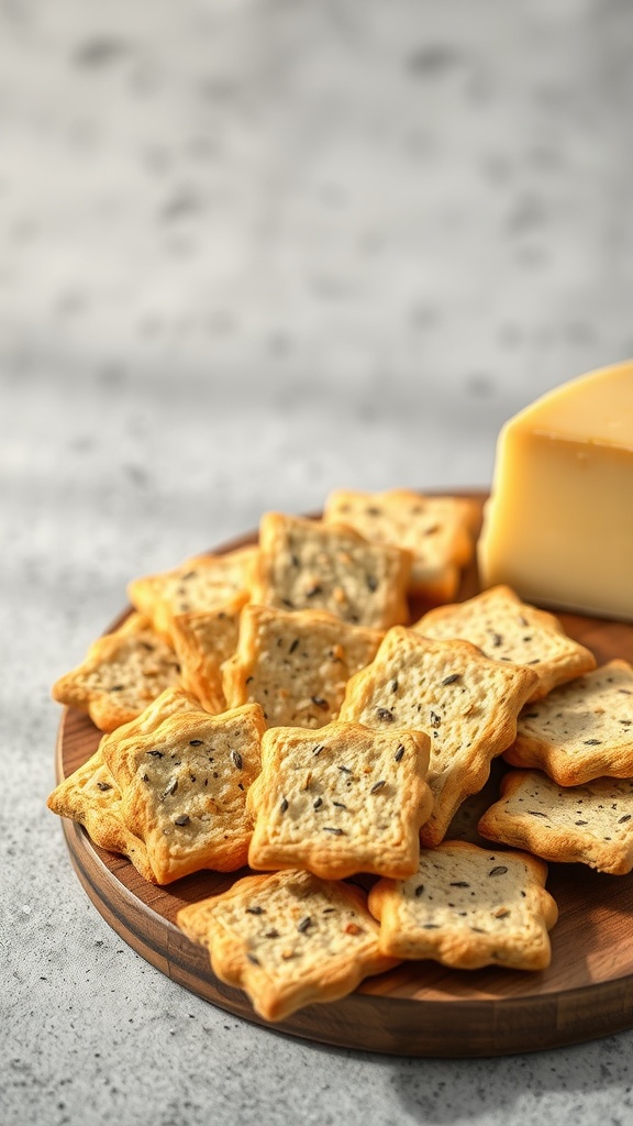 A plate of homemade caraway seed rye crackers ready for serving