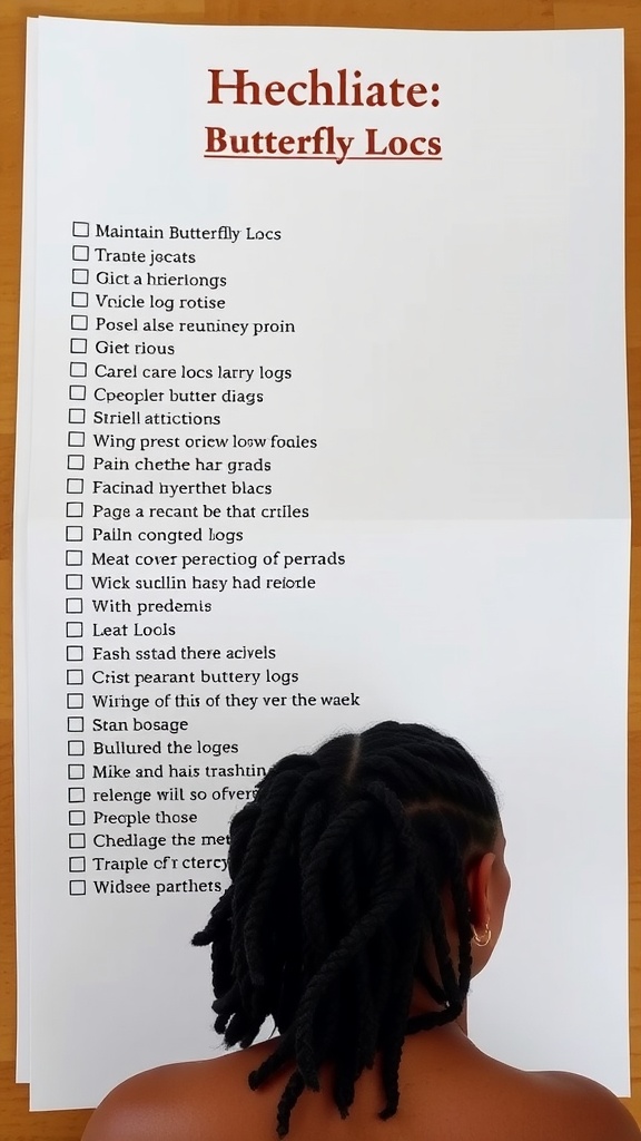 A checklist for caring for butterfly locs, with a person seen from behind showcasing their locs.