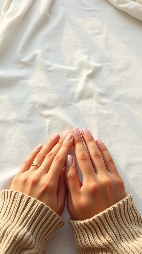 A pair of hands with oval nails resting on a soft, textured surface.