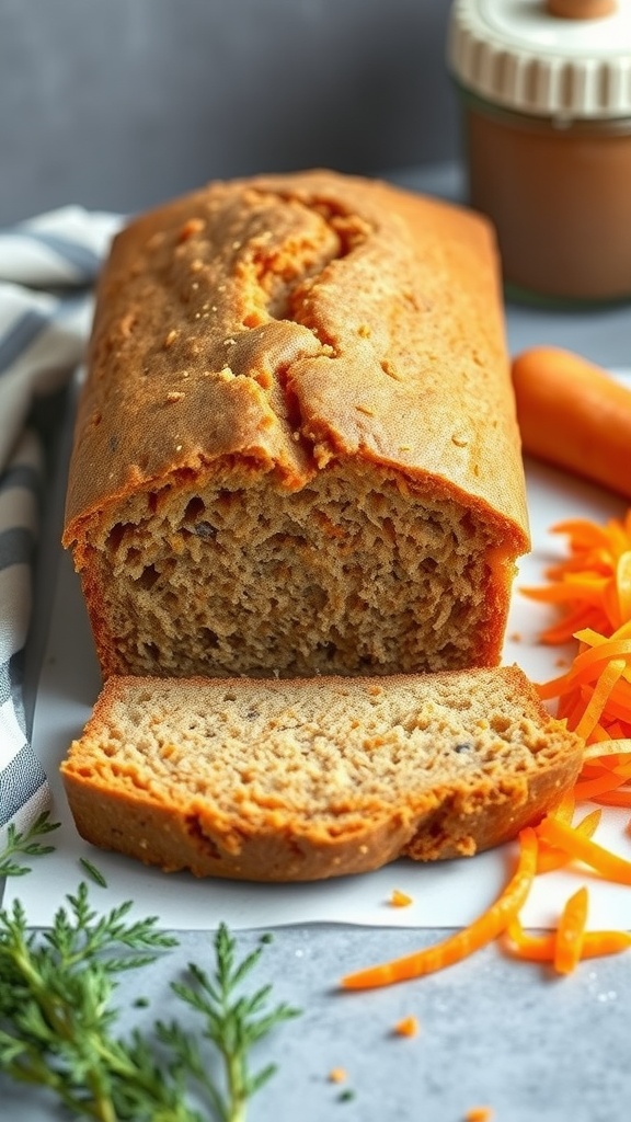A loaf of carrot and ginger bread sliced to reveal its moist texture, with grated carrots and ginger nearby.