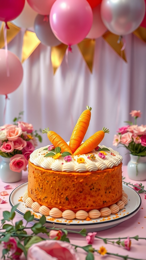 A beautifully decorated carrot cake with cream cheese frosting and decorative carrots on top.
