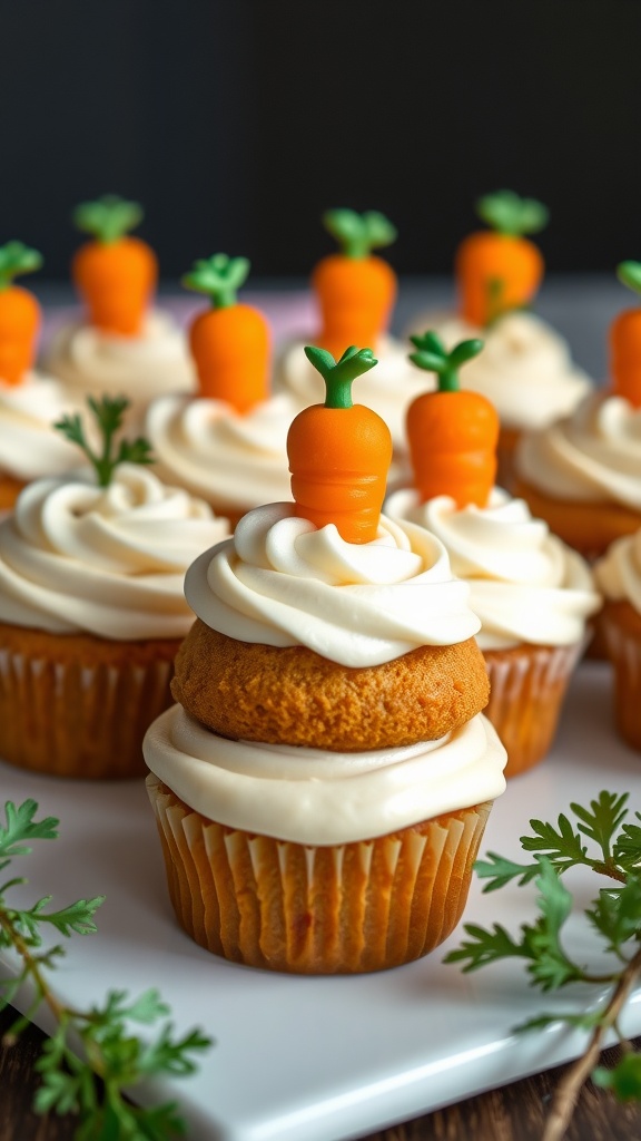 Delicious carrot cake cupcakes with cream cheese frosting and decorative carrot toppers.