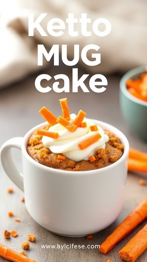 A delicious carrot cake keto mug cake topped with cream cheese and carrot shavings.