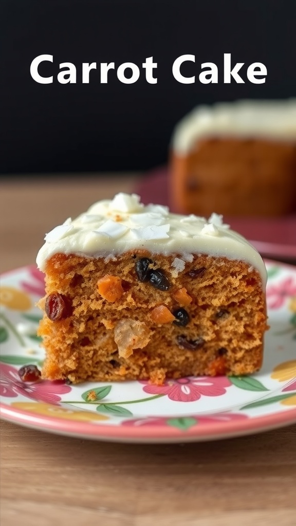Slice of carrot cake with coconut and raisins on a floral plate
