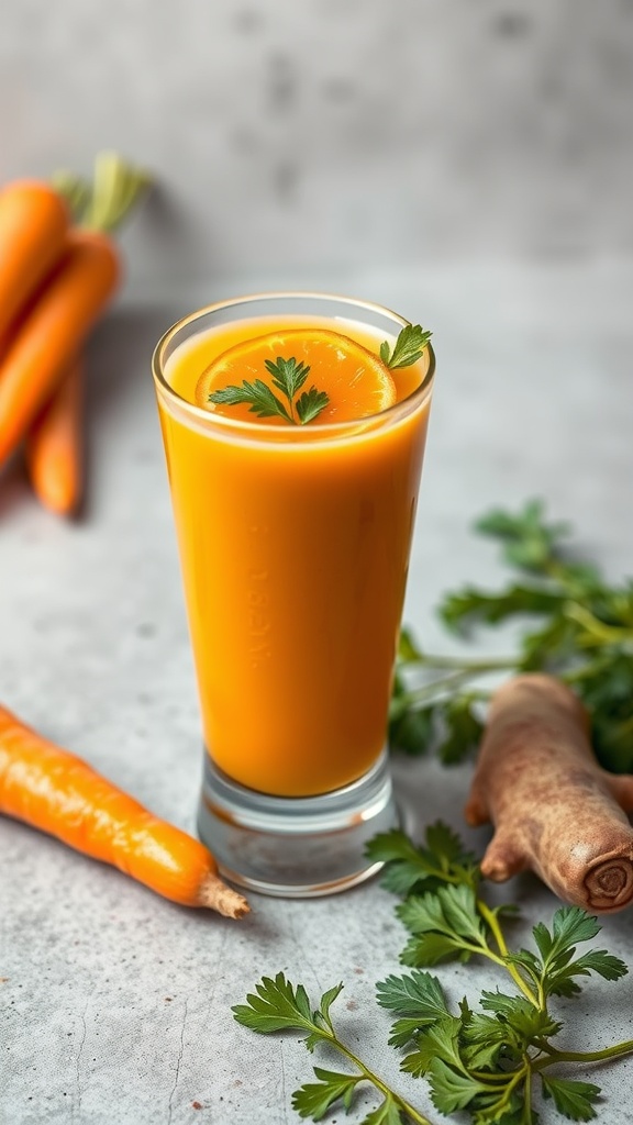 A refreshing carrot ginger smoothie served in a glass, garnished with a slice of orange.