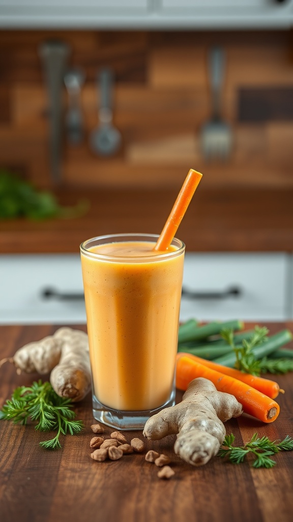 A glass of Carrot Ginger Zing smoothie with fresh ginger and carrots on a wooden table.