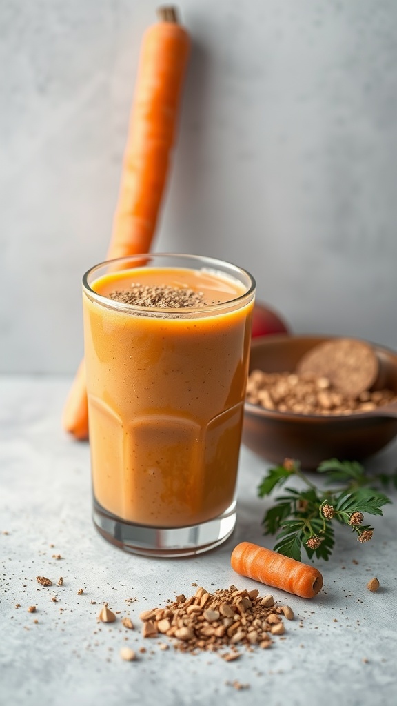A refreshing carrot mango chutney smoothie in a glass