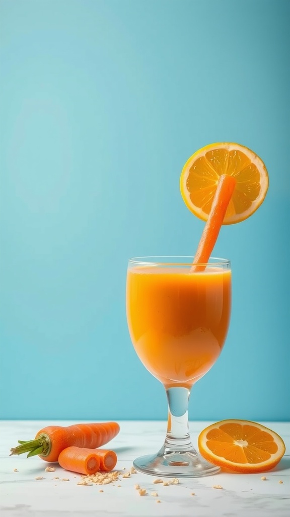 A refreshing carrot orange fiber smoothie in a glass with carrot and orange slices on the side.
