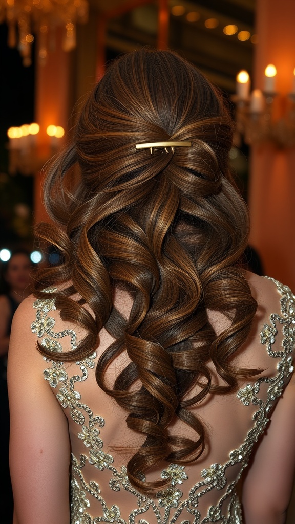 A hairstyle featuring cascading curls secured with a claw clip.