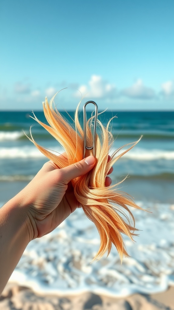 A hand holding beach waves secured with a claw clip against a beach background.