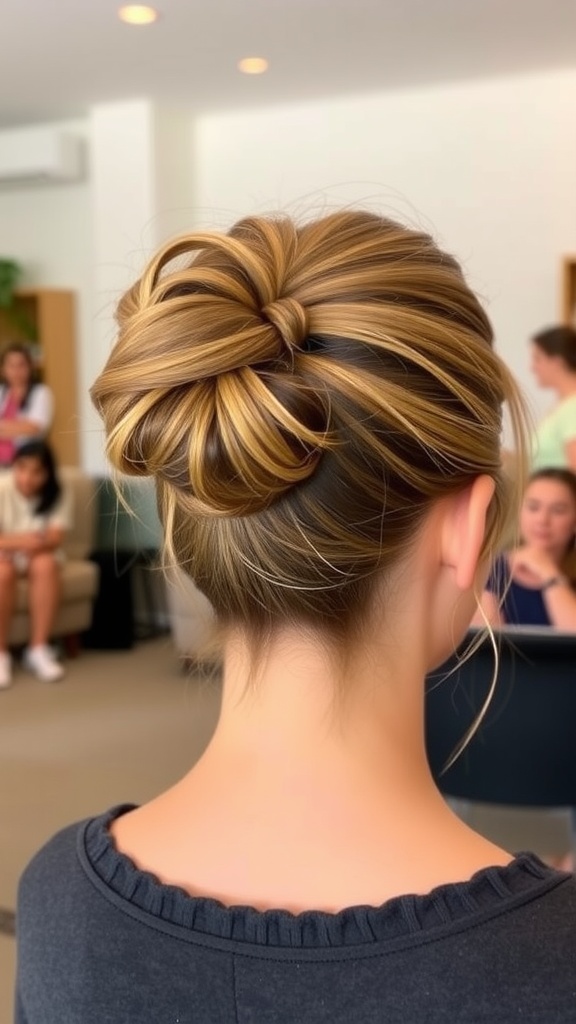 A woman wearing a casual bow twist hairstyle.
