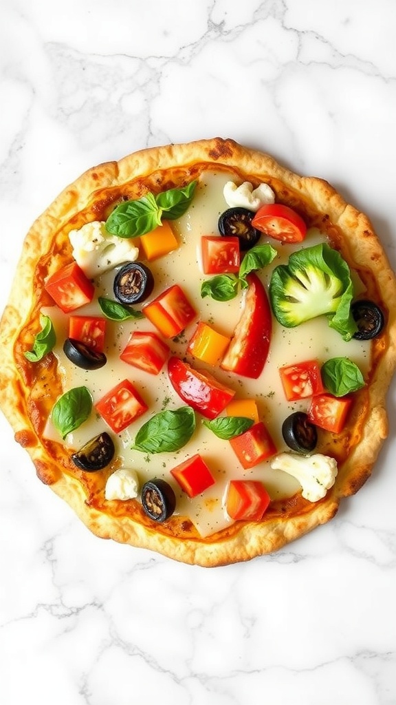 Keto pizza with a cauliflower crust topped with various vegetables and cheese.