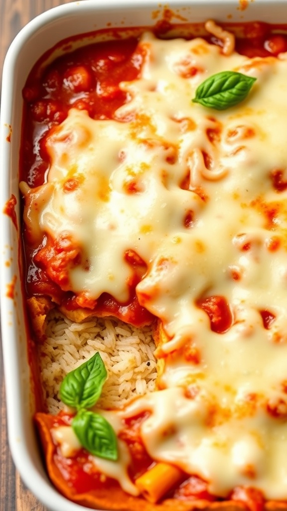 A serving of keto lasagna with a cauliflower rice base, topped with cheese and herbs.