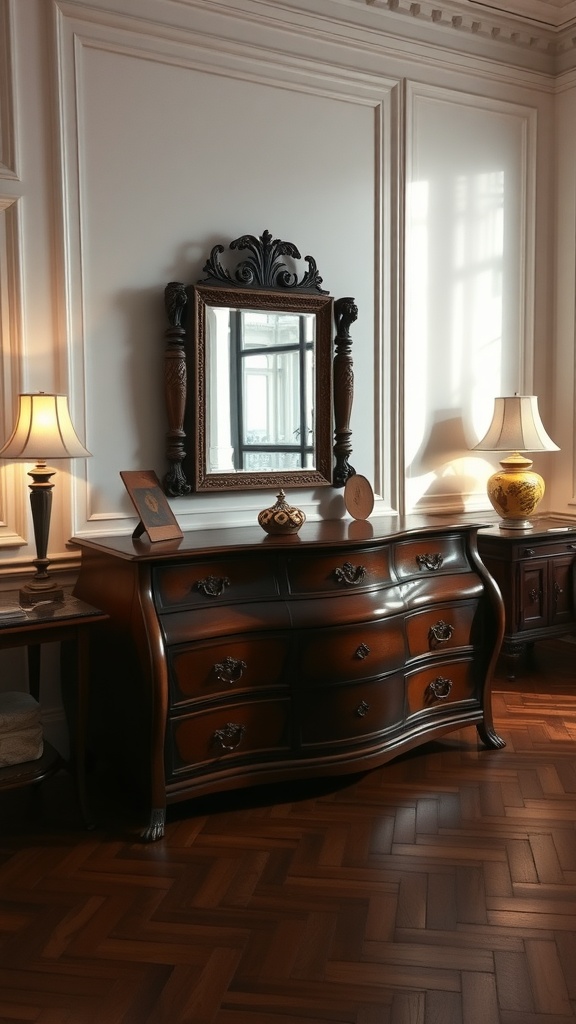 A beautifully designed interior featuring a wooden dresser, mirror, and elegant lamps.