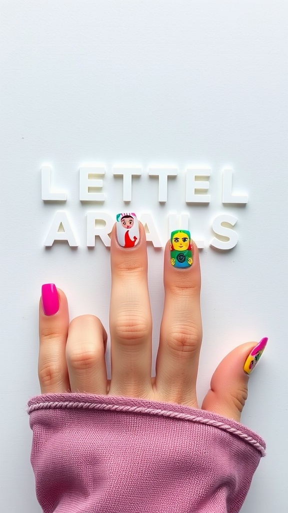 A hand showing square acrylic nails with colorful designs and letters in the background.