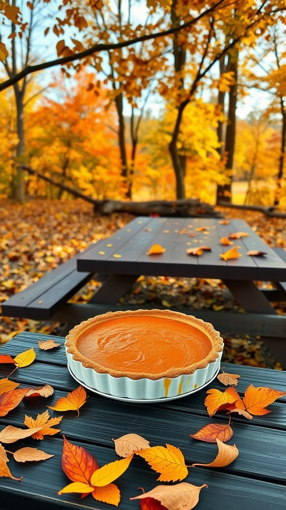 A freshly baked pumpkin pie on a table surrounded by autumn leaves.