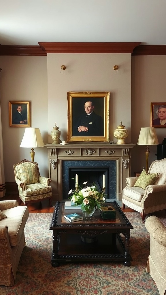 A cozy living room featuring antique furniture and family portraits.