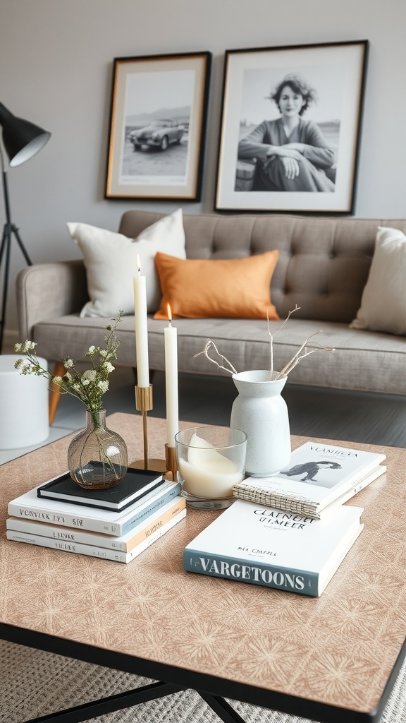 A cozy Nordic-inspired living room with a neutral couch, decorative pillows, and books.