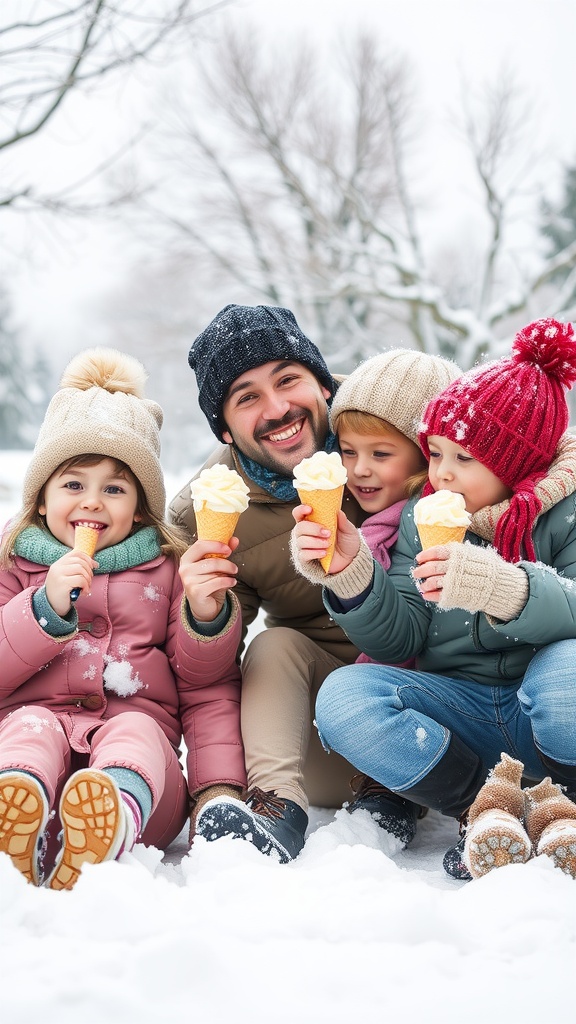 A family enjoying homemade snow ice cream on a snowy day