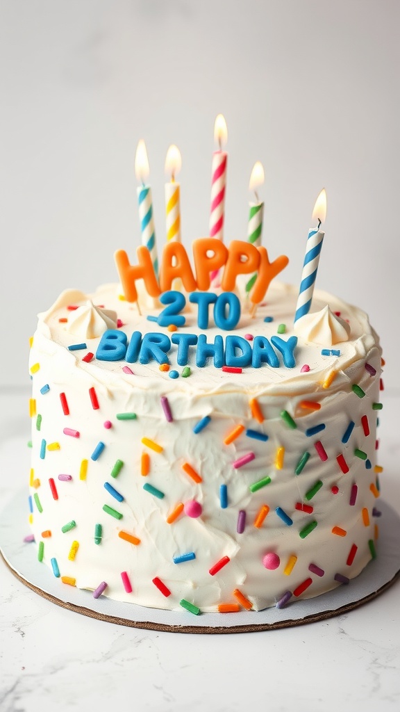 A colorful birthday cake with cream cheese frosting and candles