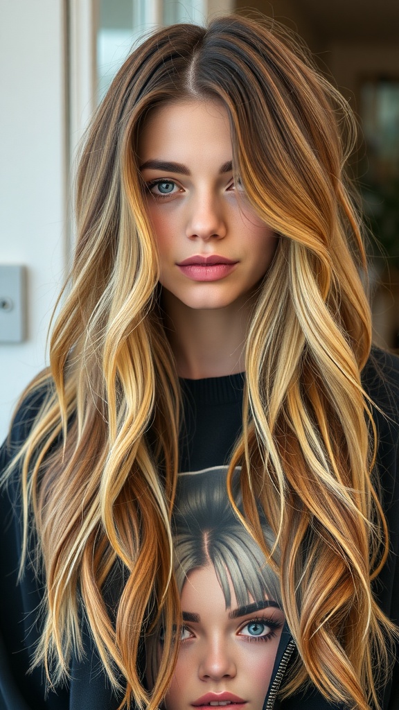 A woman with long, wavy bronde hair, featuring a blend of blonde and brown shades.