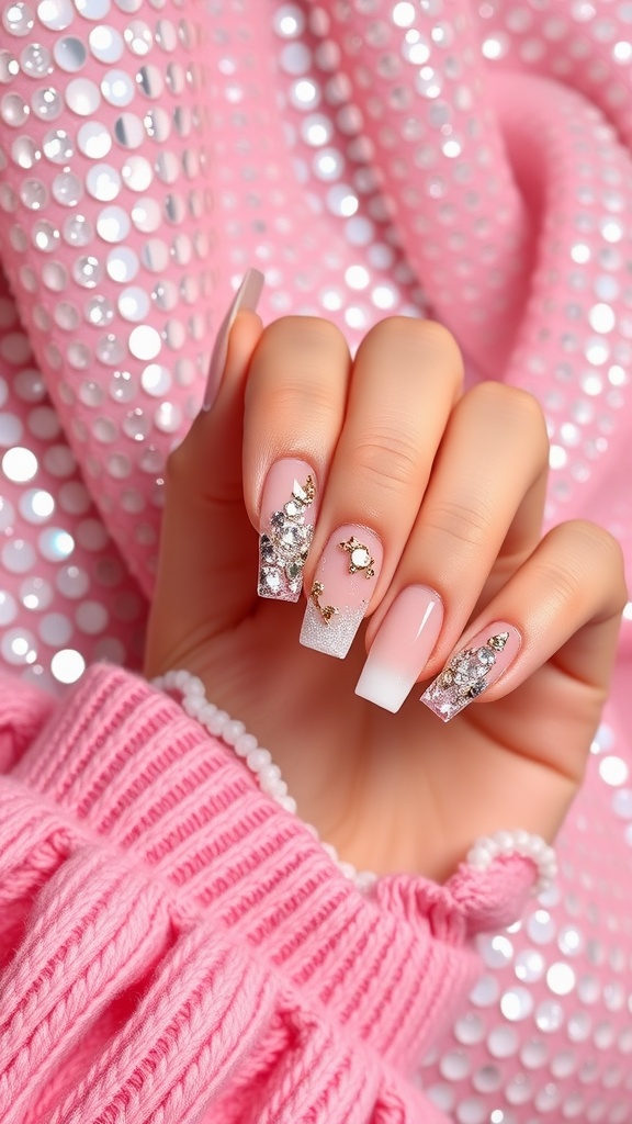 A close-up of a hand showing off square acrylic nails with decorative designs