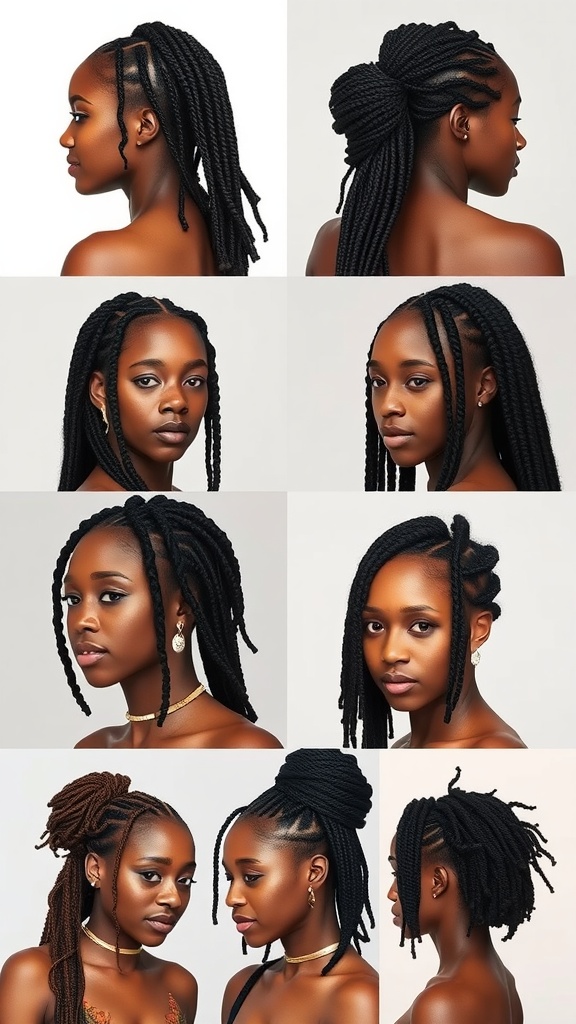 A collage of different butterfly locs hairstyles on various models.