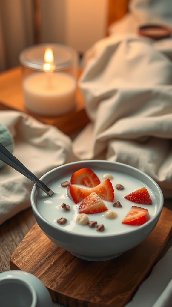 A bowl of cereal topped with fresh fruit and milk