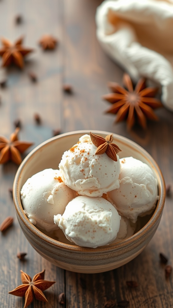 A bowl of creamy chai spice keto ice cream with star anise and spices around it.