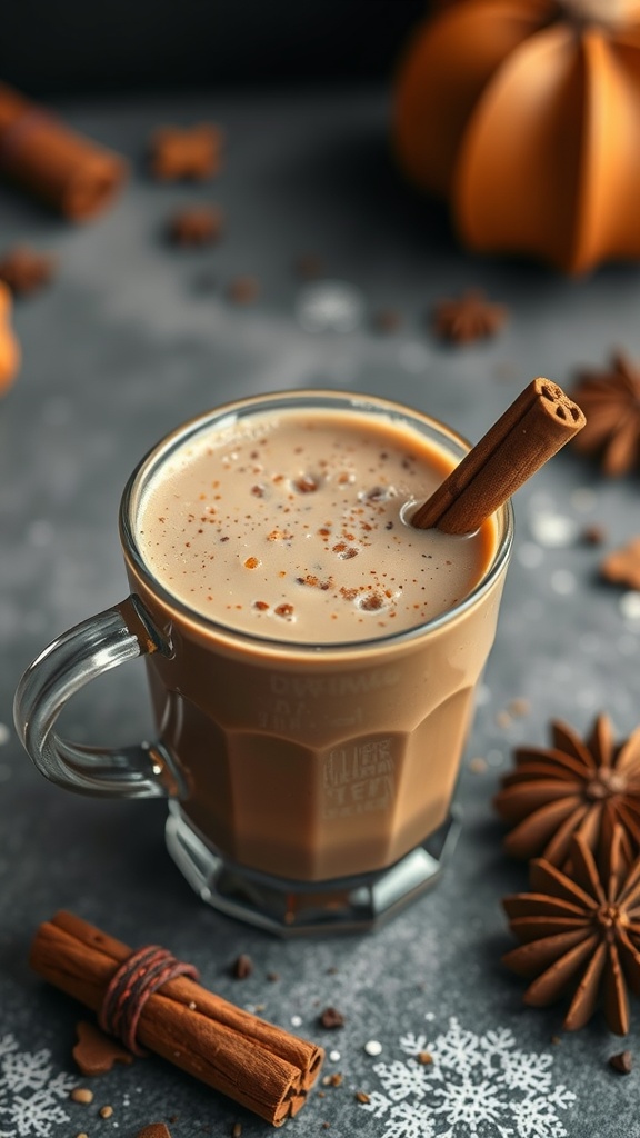Chai Spiced Coffee Smoothie in a glass mug with cinnamon stick