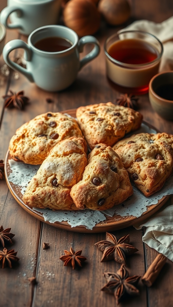 Plate of chai spiced scones with warm spices and tea cups