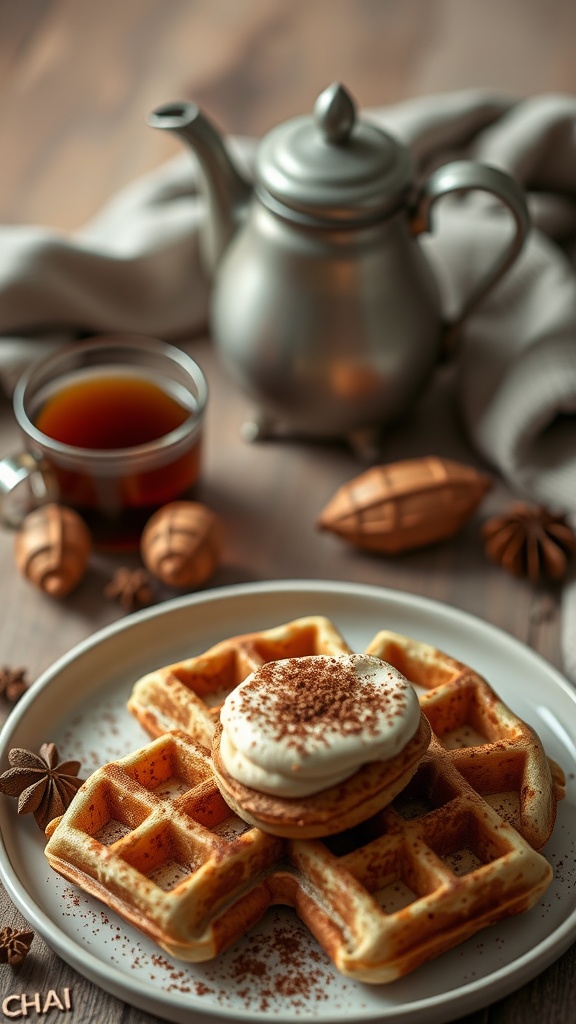 Chai spiced waffles served with whipped cream and spices