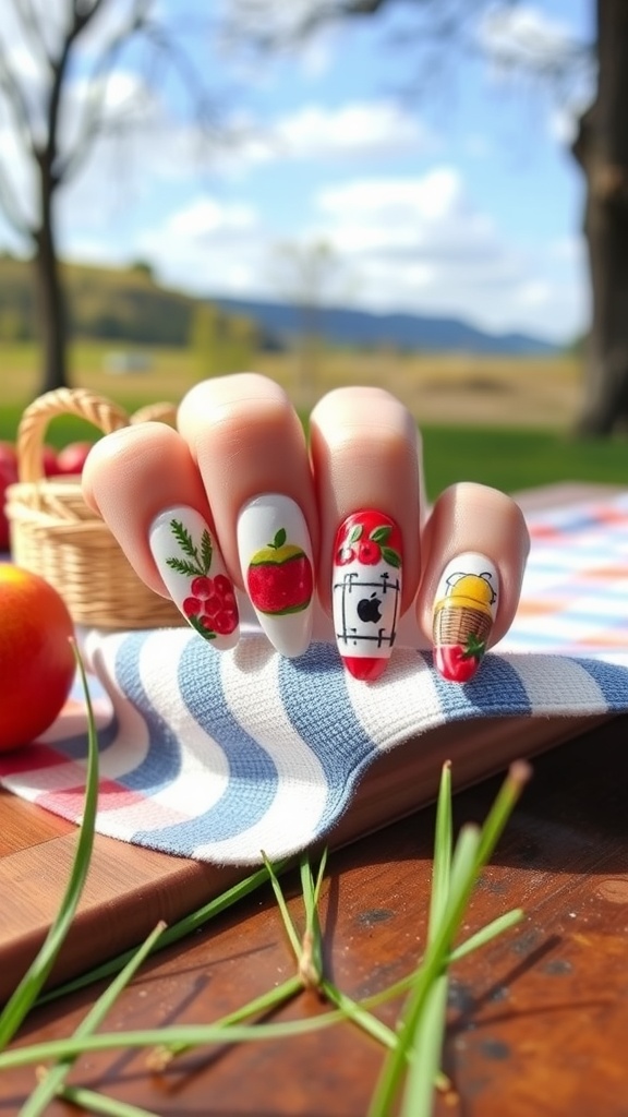 Nails decorated with picnic-themed designs featuring fruits and a drink