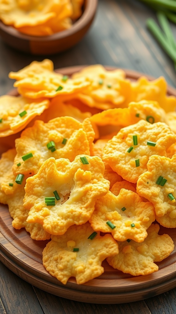 Cheddar and chive cheese crisps on a wooden platter