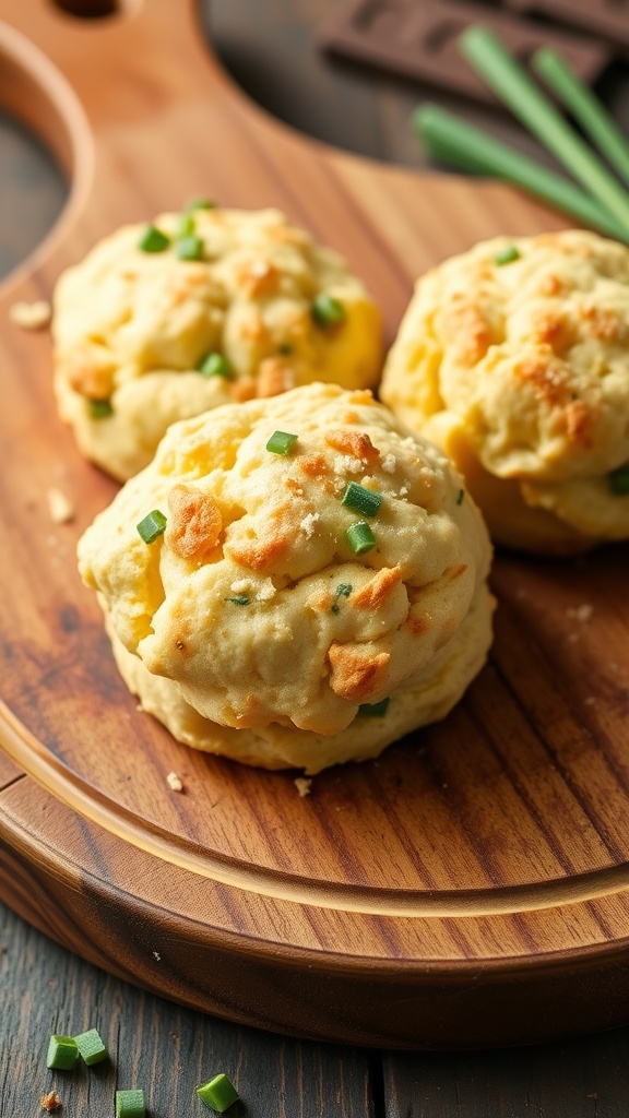 Cheddar and chive keto biscuits on a wooden board