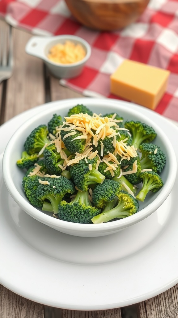 A bowl of fresh broccoli topped with shredded cheddar cheese