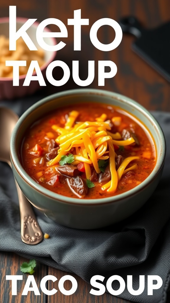A bowl of keto taco soup topped with cheddar cheese and cilantro