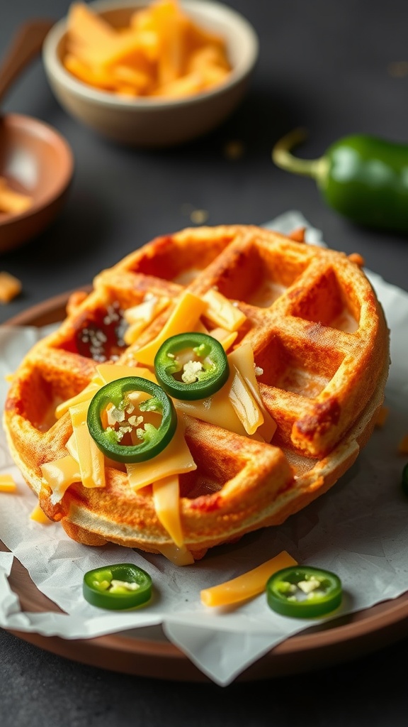 Delicious cheddar jalapeño chaffle topped with jalapeño slices and cheddar cheese