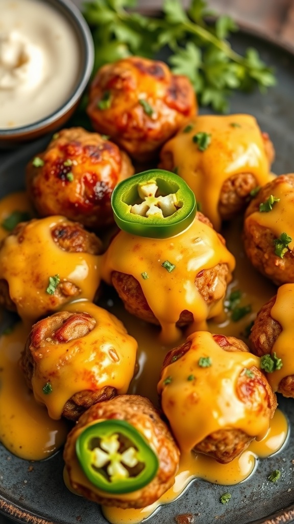 Delicious cheddar jalapeño meatballs topped with melted cheese and slices of jalapeño, served on a plate.