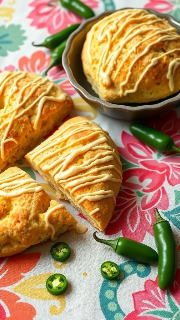 Cheddar jalapeño scones on a colorful tablecloth, featuring jalapeños and a drizzle on top.