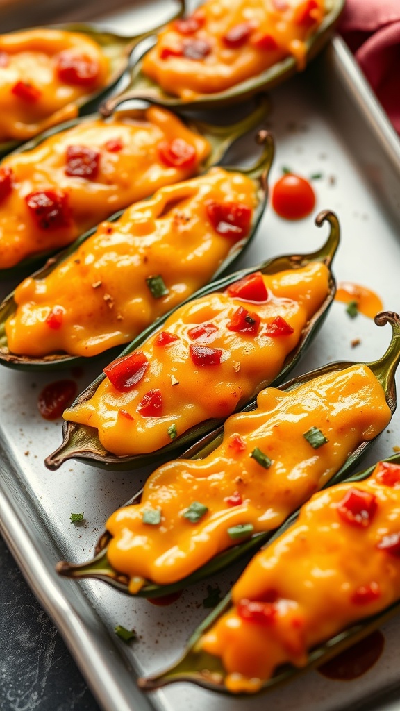 Cheese-stuffed jalapeños on a baking tray.