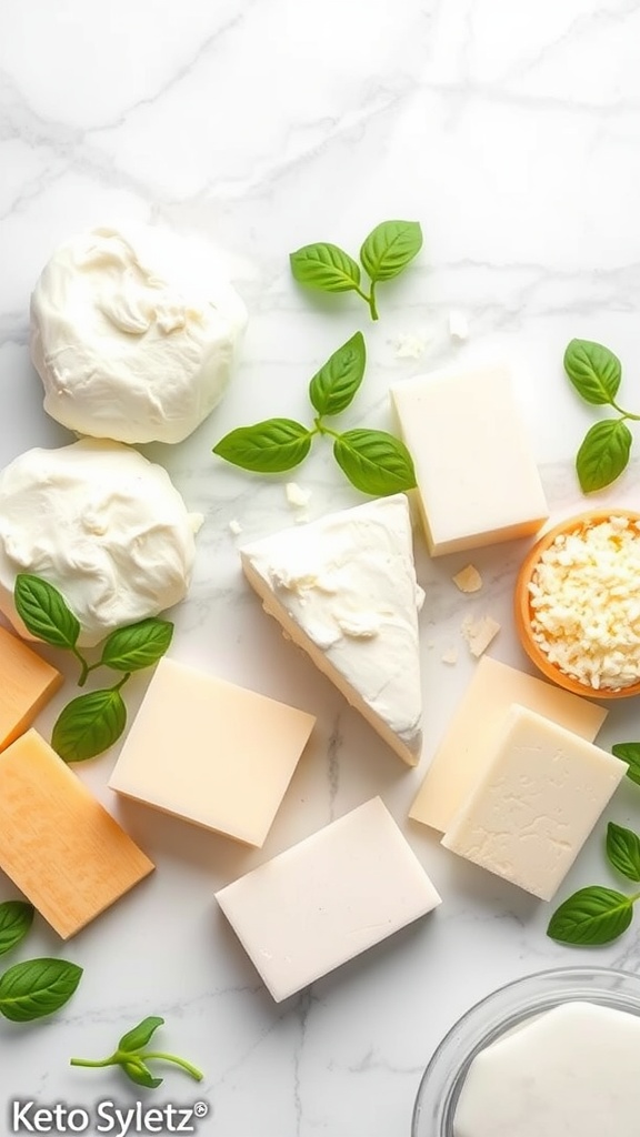 Various cheese options for keto lasagna including ricotta, mozzarella, and cream cheese.