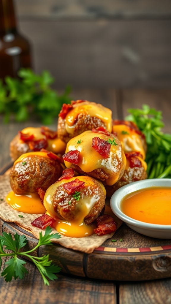 A plate of cheesy bacon meatballs topped with melted cheese and crispy bacon.