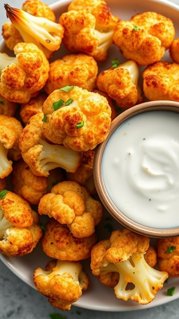 Plate of cheesy cauliflower bites served with a dip