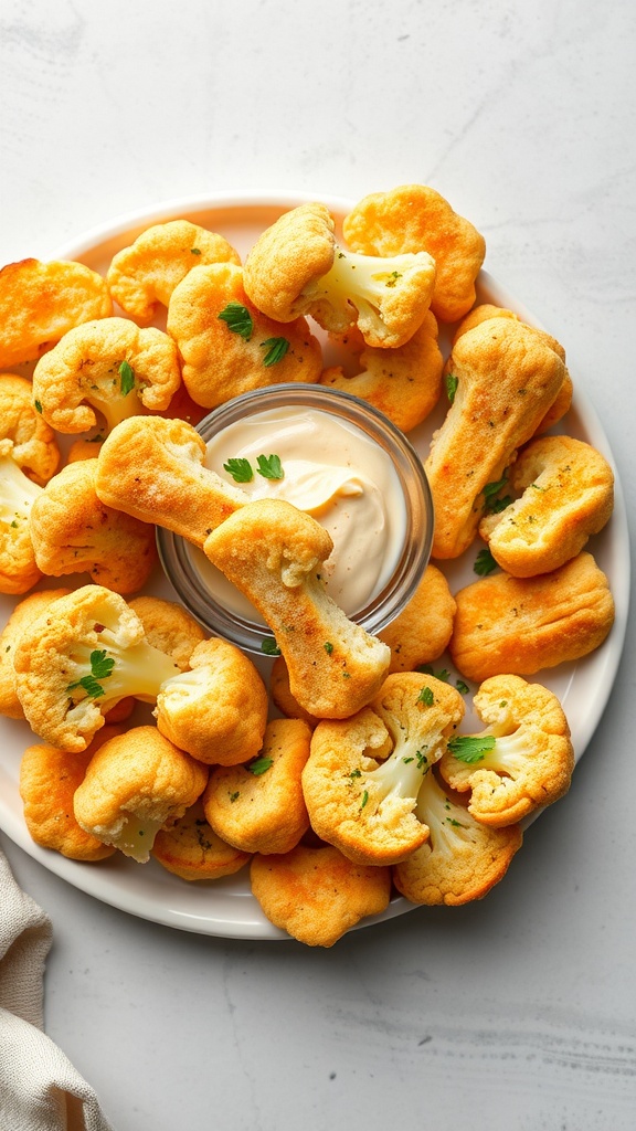 Delicious cheesy cauliflower breadsticks served with dipping sauce