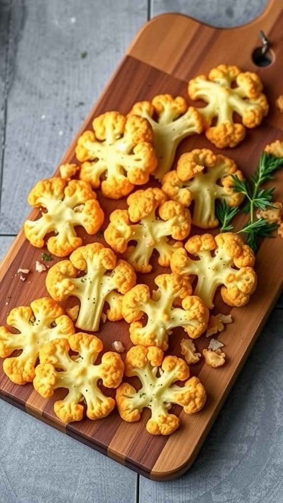Cheesy cauliflower crackers arranged on a wooden board.