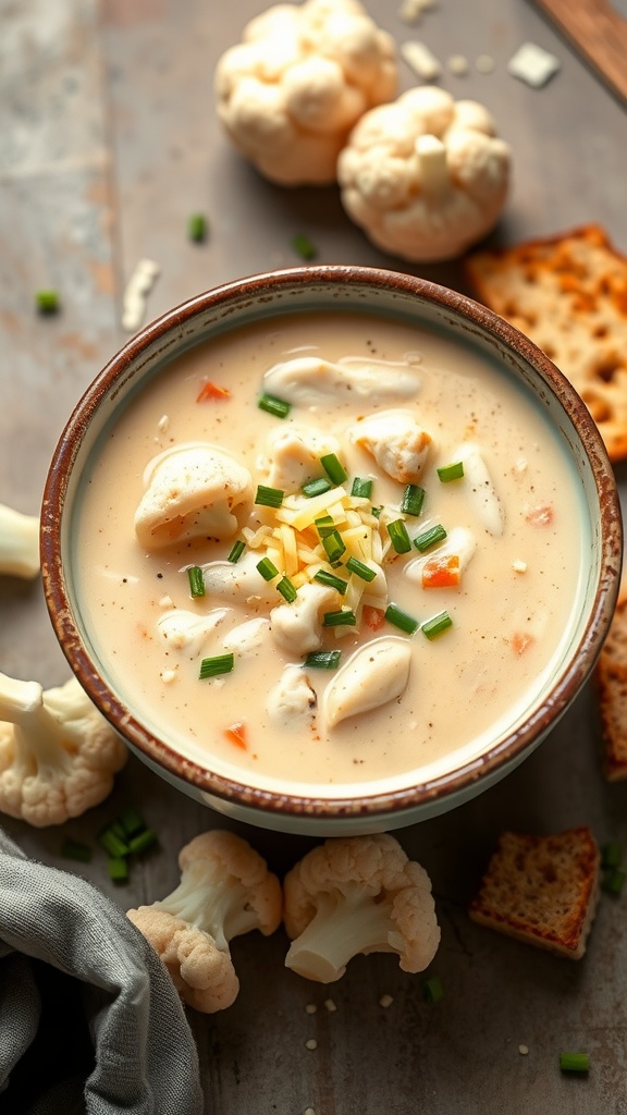 A bowl of cheesy chicken cauliflower soup topped with chives, surrounded by fresh cauliflower florets and crackers.