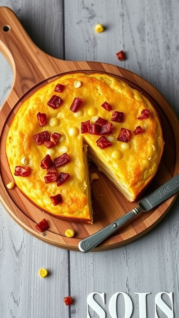 A delicious serving of cornbread topped with bacon and corn