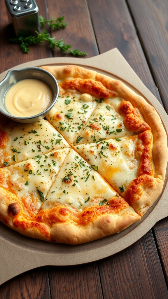 Cheesy garlic keto pizza with melted cheese and herbs